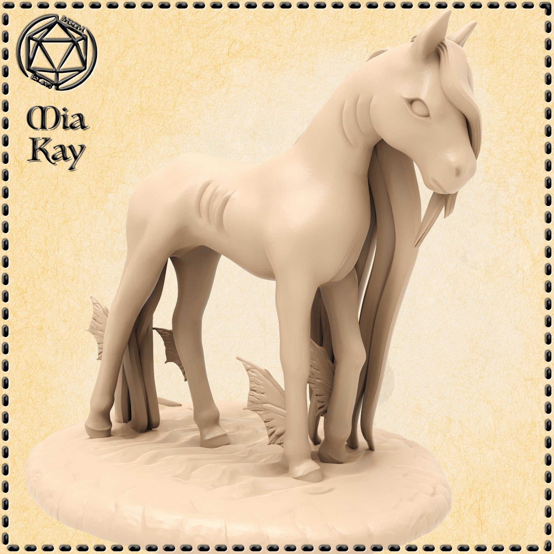 Digital render of an unpainted Baby Kelpie miniature by Mia Kay M3DM — a small horse-like creature with webbed finned legs and a bowed head, mounted on a scenic water-edged base, 32mm scale