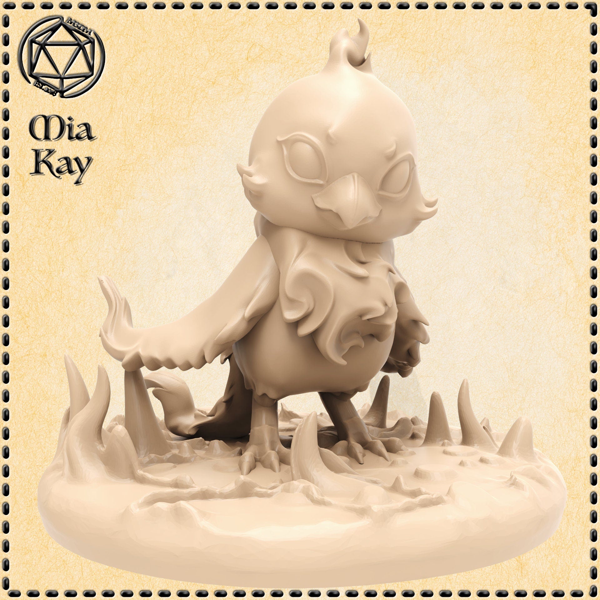 Unpainted resin miniature of a chibi baby phoenix, sculpted by Mia Kay M3DM — a small round-headed bird creature with a flame crest, wide hollow eyes, layered feather-like body, large taloned feet, and a short flared tail, posed mid-strut on a jagged rocky base with stone spurs, shown as a digital render in a warm beige tone
