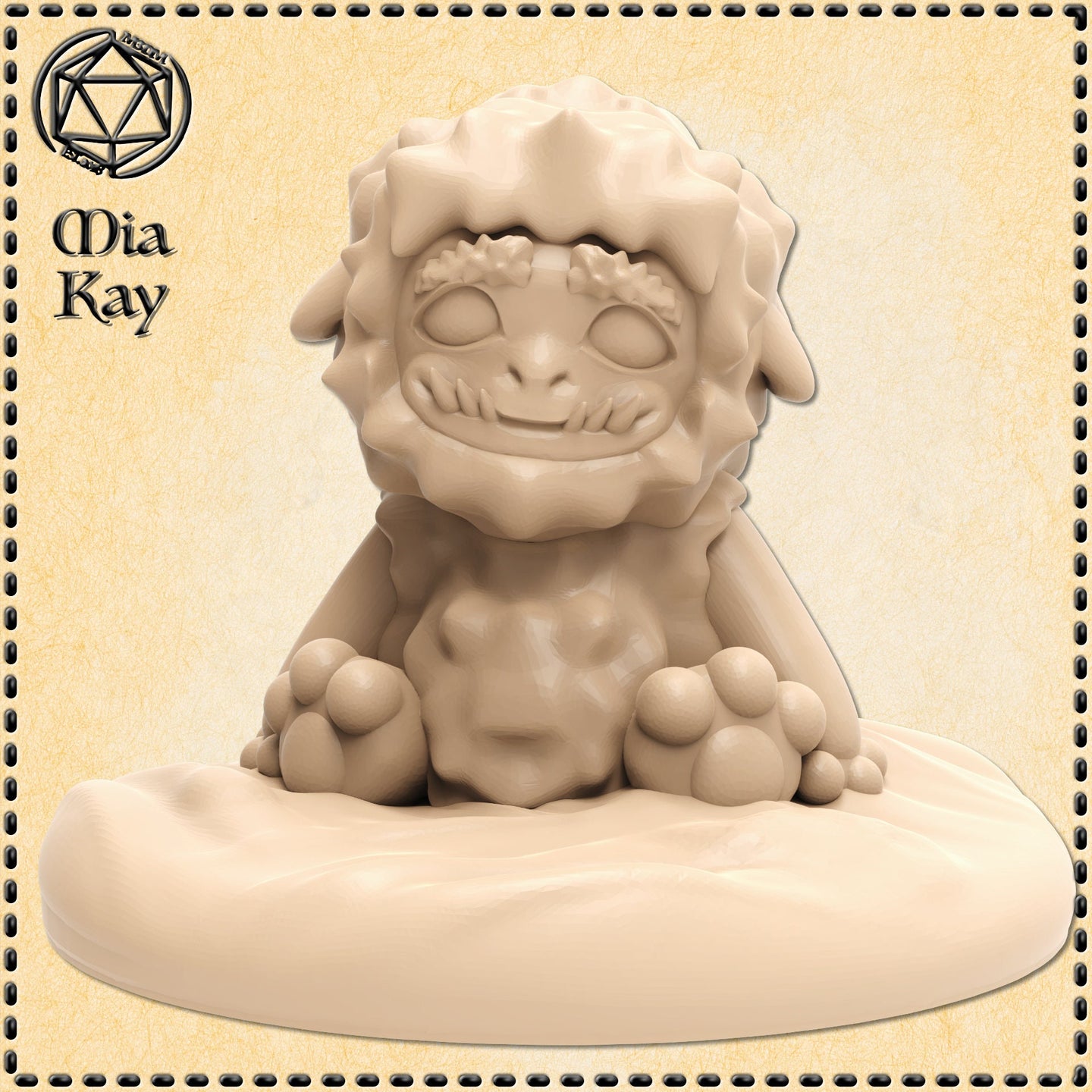 Digital render of a Baby Yeti miniature by Mia Kay M3DM — a squat, round-bodied creature with thick shaggy fur, stubby clawed paws planted wide, a tufted brow, and a wide vacant grin with pale blank eyes, seated on an oval scenic snow base, shown in unpainted tan resin