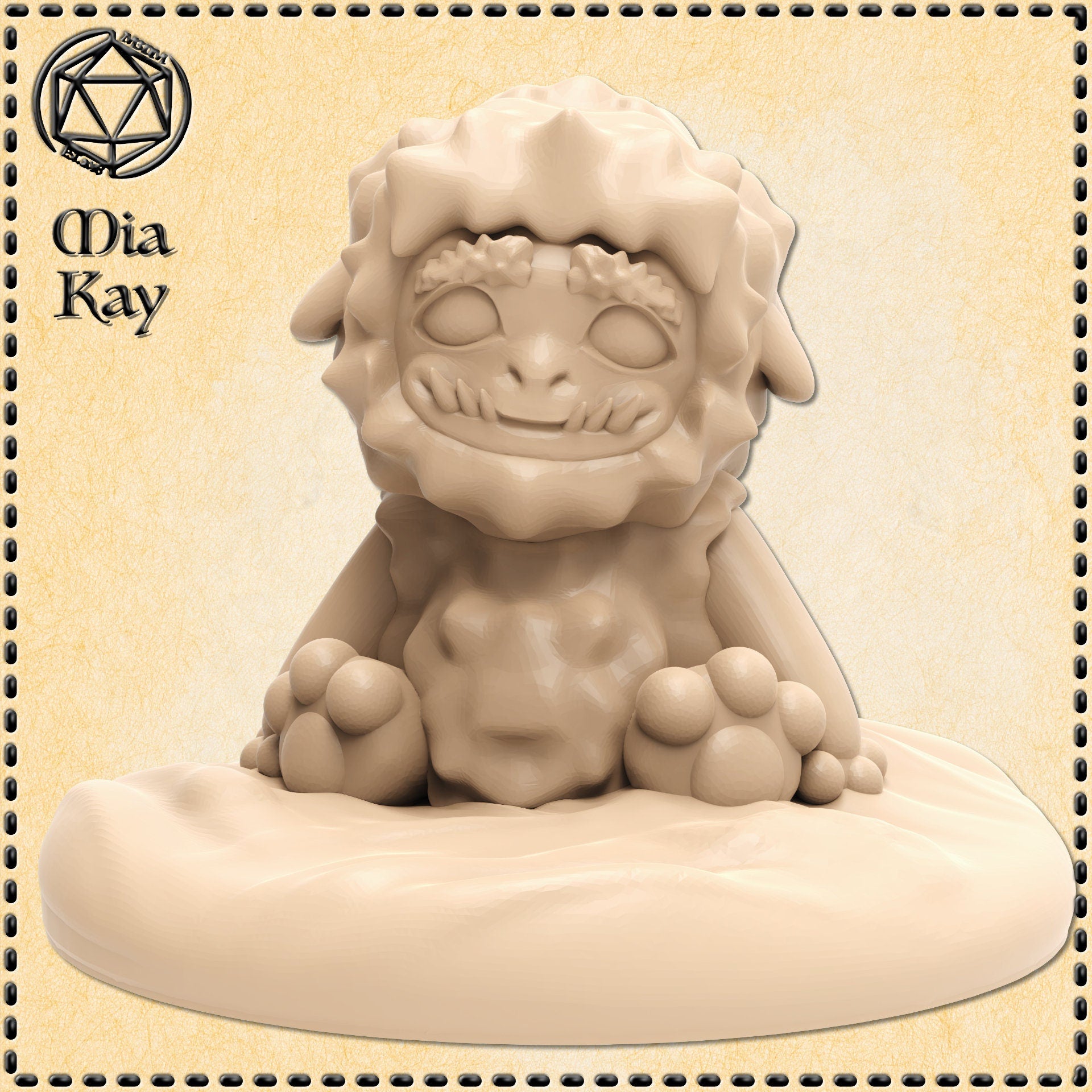 Digital render of a Baby Yeti miniature by Mia Kay M3DM — a squat, round-bodied creature with thick shaggy fur, stubby clawed paws planted wide, a tufted brow, and a wide vacant grin with pale blank eyes, seated on an oval scenic snow base, shown in unpainted tan resin