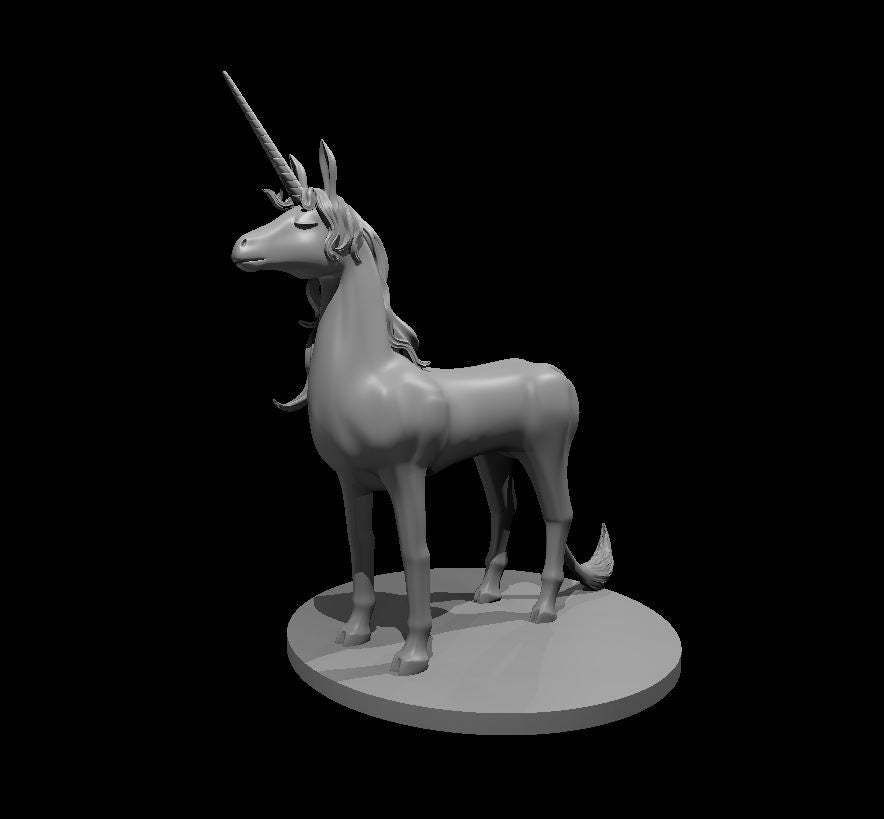 Grey resin 3D printed unicorn miniature at 32mm scale — digital render showing the creature standing upright on a round base, neck arched proudly, flowing mane, and a single spiralled horn raised skyward