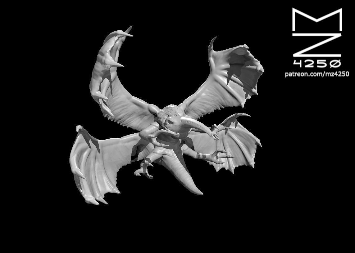Unpainted grey resin stirge miniature by MZ4250, shown as a digital render from above against a black background. The creature is posed mid-flight with wings fully spread, clawed feet outstretched, and its long needle-like proboscis pointing forward. Detailed wing membranes and a hunched predatory body are clearly visible.