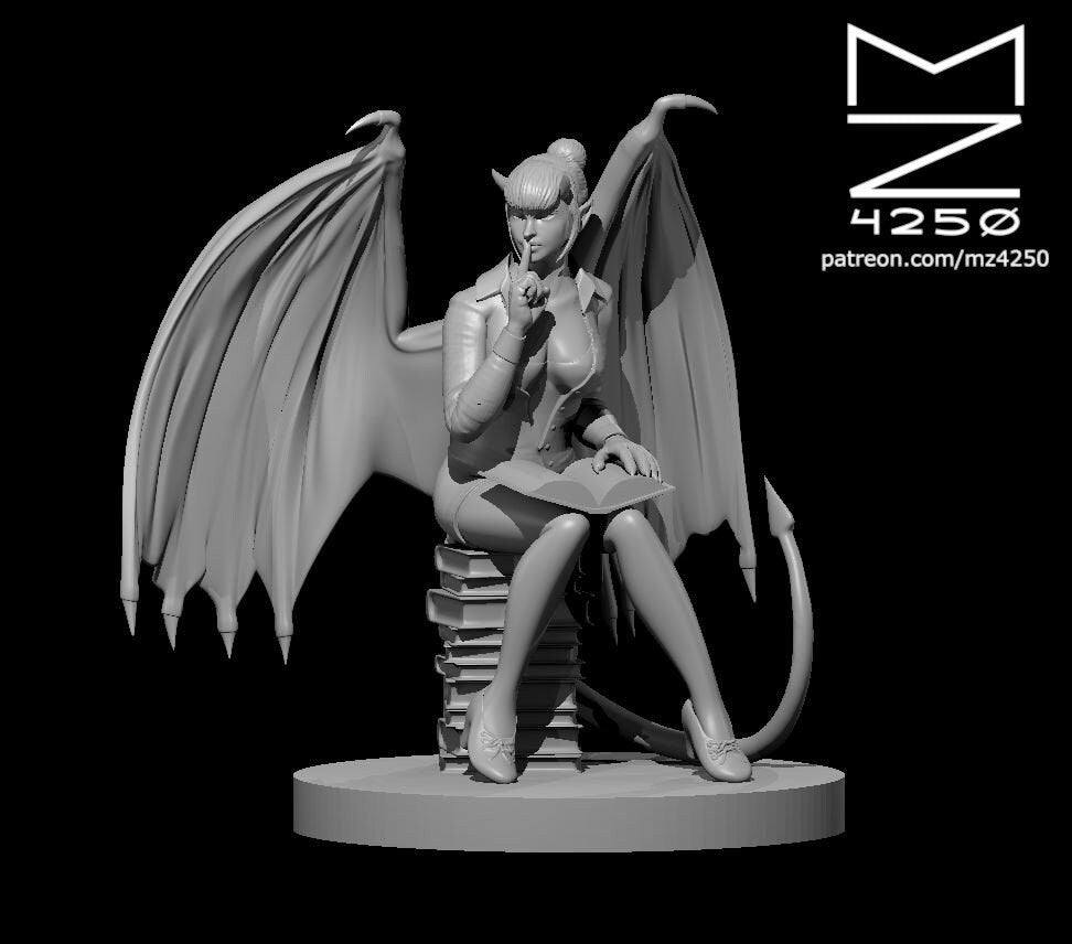 Digital render of an unpainted grey resin succubus miniature by MZ4250. She is seated on a stack of books, wings spread wide, one finger raised to her lips in a hushing gesture, a book open in her other hand. She wears a collared outfit with a short skirt and heeled shoes, with small horns, pointed ears, and a barbed tail. The miniature sits on a flat round base.