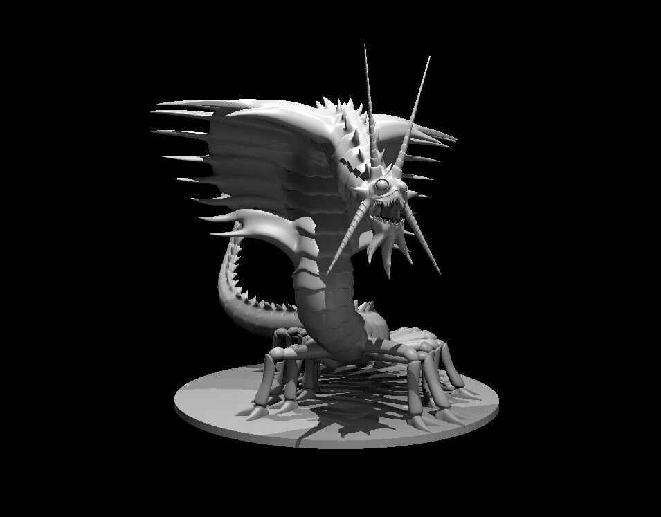 Grey resin digital render of a Remorhaz miniature — a large multi-legged creature with a coiling armoured body, spiked frill radiating around its open-jawed head, multiple clawed legs, and a single glaring eye, mounted on a round base at 32mm scale