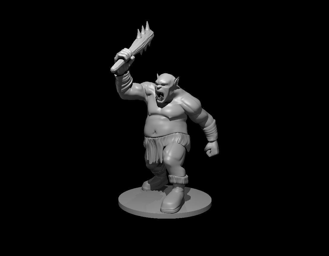 Unpainted grey resin digital render of an ogre miniature in a charging pose, mouth open in a war cry, spiked club raised overhead in one hand and the other fist clenched, wearing a ragged loincloth and crude leg wrappings, mounted on a round base — 32mm scale D&D tabletop miniature by MZ4250