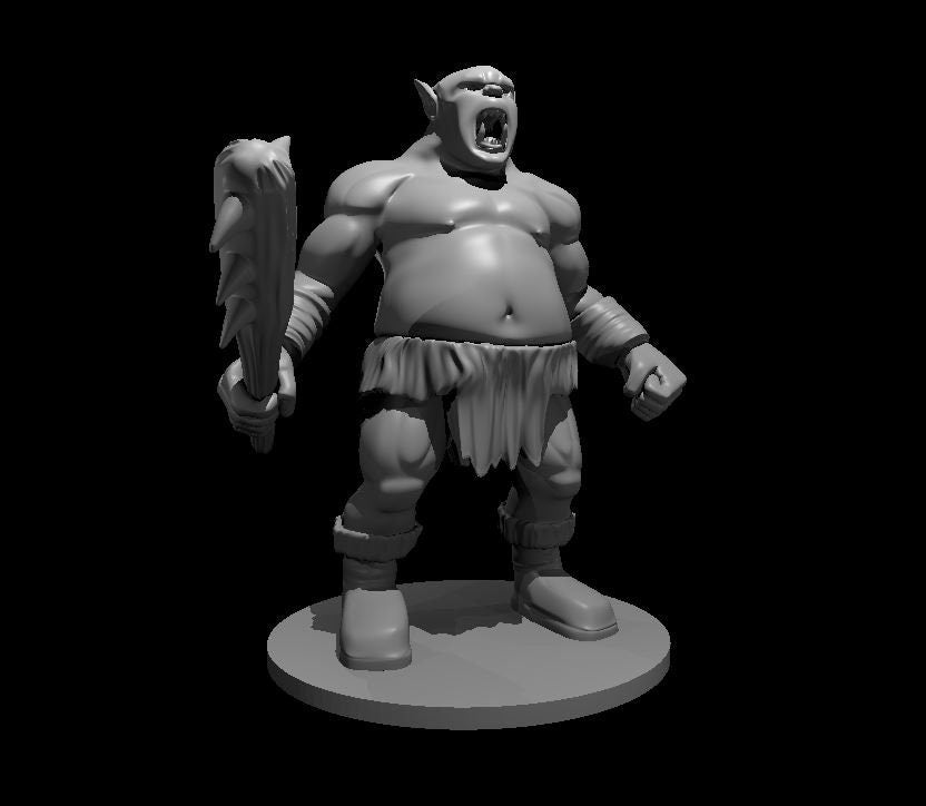 Grey resin digital render of an ogre miniature at 32mm scale, posed mid-roar with a large jagged club raised in his right hand and left fist clenched. He is bare-chested with a wide open mouth showing tusks, wearing a tattered loincloth, leather wrist wraps, and bound leg greaves. Mounted on a plain round base.