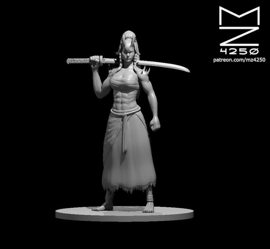 Unpainted grey resin digital render of a female Oni miniature at 32mm scale, standing confidently with a katana resting across her shoulders, braided hair pulled up, wearing a torn sarong with bound feet, on a round base — sculpted by MZ4250