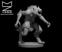 Unpainted grey resin render of a werewolf miniature by MZ4250, shown mid-lunge with jaws wide open, clawed arms raised, spiked fur across the skull and shoulders, tattered cloth at the waist, mounted on a round base — 32mm scale tabletop miniature