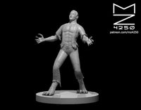 Grey resin digital render of a mid-transformation lycanthrope miniature at 32mm scale — male figure with torn clothing, clawed hands outstretched, head thrown back in a howl, taloned feet, and fur erupting along the forearms and legs, mounted on a round flat base