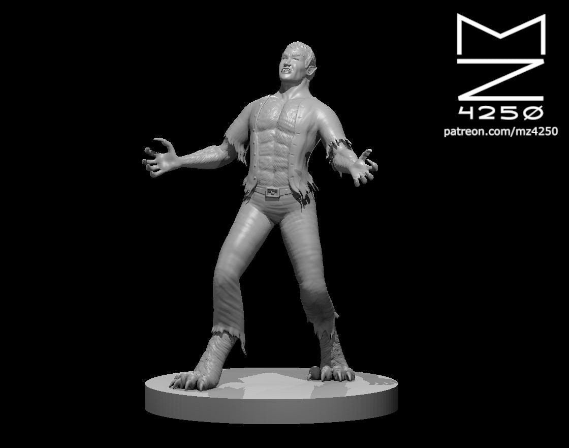 Grey resin digital render of a mid-transformation lycanthrope miniature at 32mm scale — male figure with torn clothing, clawed hands outstretched, head thrown back in a howl, taloned feet, and fur erupting along the forearms and legs, mounted on a round flat base