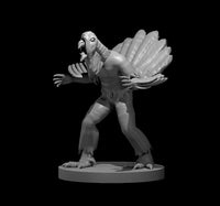 Grey resin digital render of a werebear miniature in a threatening bipedal stance — raptor head open in a screech, broad fan of feathers across the back, taloned hands and feet, mounted on a round base. 32mm scale D&D lycanthrope monster miniature by MZ4250.