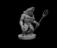 Grey resin digital render of a shark-headed humanoid warrior miniature holding a trident, wearing minimal armour, in a wide aggressive stance on a round base — 32mm scale D&D miniature by MZ4250