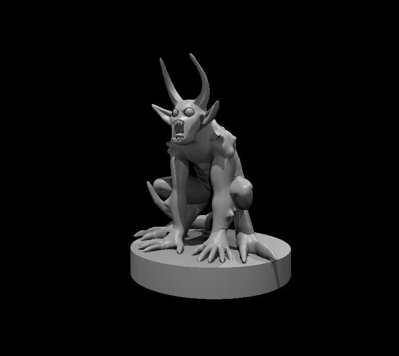 Grey unpainted resin render of a Quasit demon miniature at 32mm scale, crouched low on a round base with clawed hands splayed forward, twin swept-back horns, hollow eyes, and a wide fanged snarl — captured in a predatory, coiled-spring pose