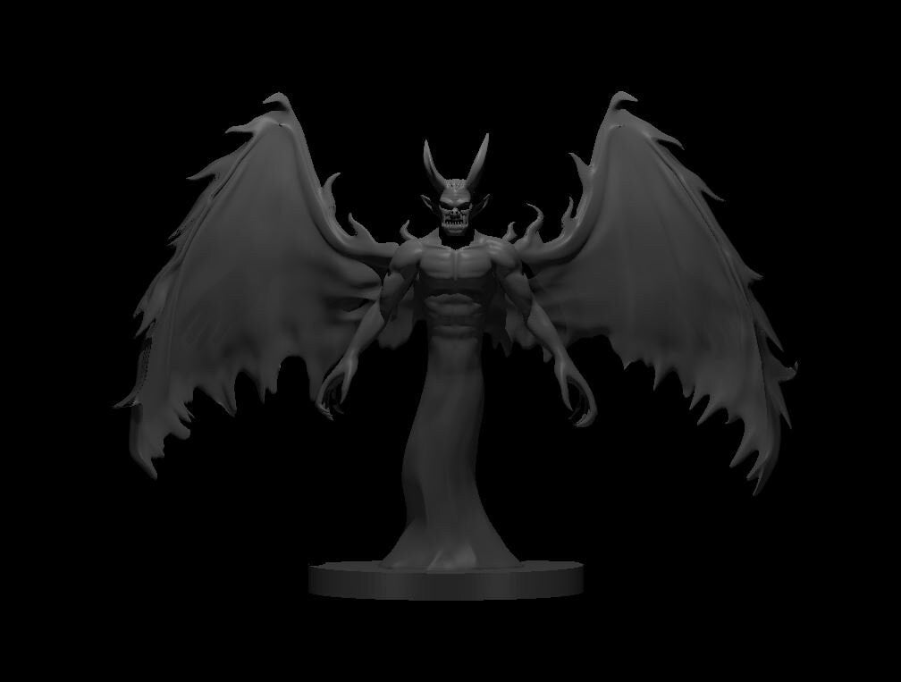 Grey resin digital render of a Shadow Demon miniature at 32mm scale — winged fiend with skull face, horns, spread leathery wings, clawed arms outstretched, and a shadowy column lower body on a round base