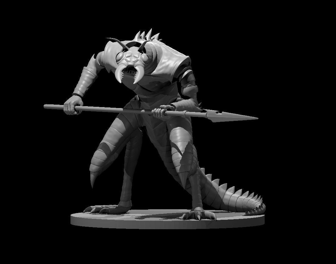 Unpainted grey resin render of an Ice Devil miniature at 32mm scale, shown in a wide combat stance holding a long spear horizontally with both clawed hands. The gelugon features compound insectoid eyes, curved mandibles, segmented armour plating on the legs, a ridged tail, and a hunched carapace. Mounted on an oval base.