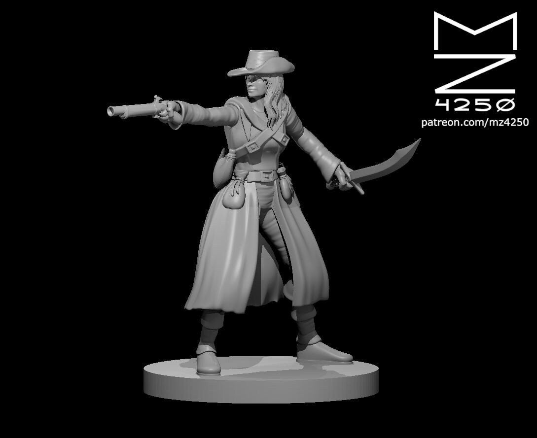 Unpainted grey resin digital render of a female pirate miniature at 32mm scale, posed with a flintlock pistol extended in her right hand and a cutlass raised in her left, wearing a wide-brimmed hat, long flowing coat, crossed chest straps, and belt pouches, mounted on a round base — sculpted by MZ4250