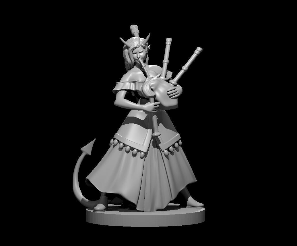 Grey resin digital render of a female tiefling bard miniature at 32mm scale, playing bagpipes with small horns and an arrow-tipped tail, wearing a flowing skirt with decorative bells and an off-the-shoulder capelet, mounted on a round base