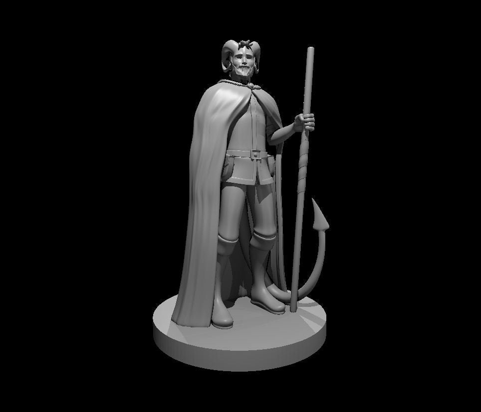 Grey unpainted digital render of a male Tiefling Druid miniature at 32mm scale, standing in a long flowing cloak and holding a hooked spear or staff, with small horns and a belted tunic, mounted on a round base