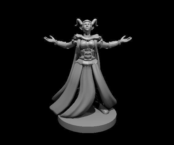 Unpainted grey resin 3D printed miniature of a female tiefling sorcerer at 32mm scale. The figure has small curled horns, pointed ears, and stands with both arms outstretched and fingers splayed in a spellcasting pose. She wears a layered armoured bodice and a long flowing split cloak. Mounted on a flat round base. Digital render.