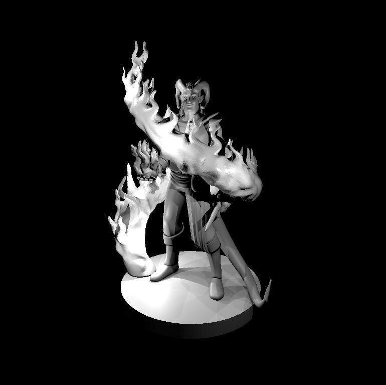 Grey resin digital render of a male tiefling sorcerer miniature at 32mm scale, standing confidently with small horns and a dagger at his hip, with two large swirling columns of flame coiling dramatically around his raised arms and body
