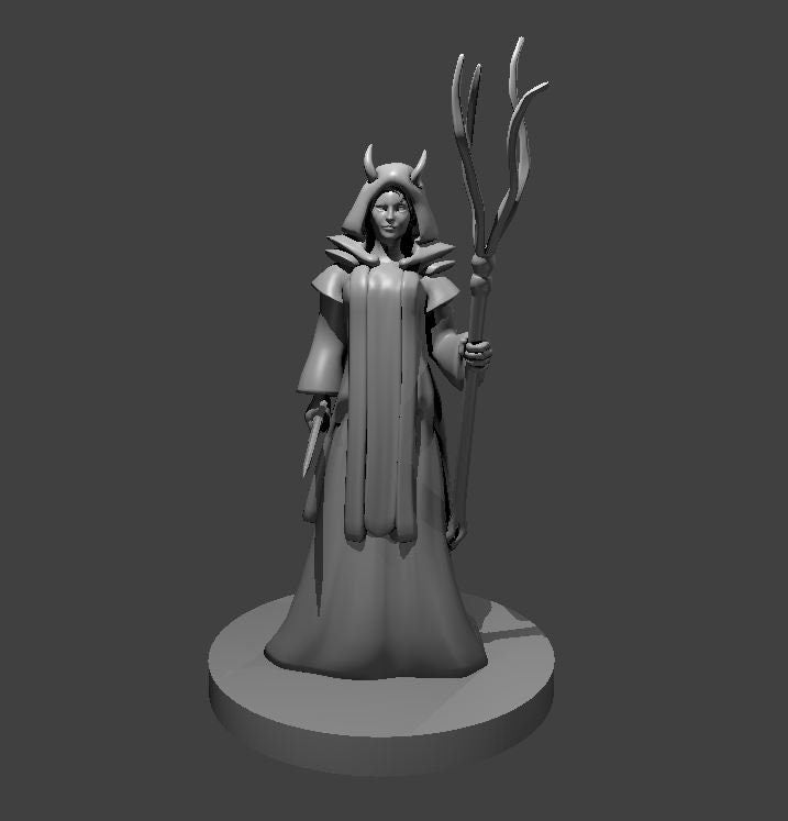 Grey resin digital render of a Tiefling Wizard miniature at 32mm scale — female figure in long flowing robes, wearing a horned headdress, holding a branching arcane staff in her right hand and a dagger in her left, standing on a flat round base