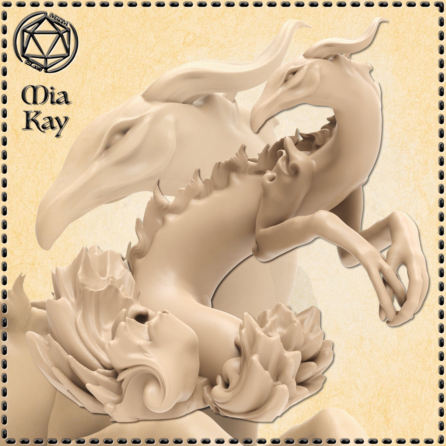 Digital render of the Greater Water Elemental miniature by Mia Kay M3DM, shown unpainted in pale cream resin tone. The sculpt depicts a surging elemental form with a gaping skull-like maw, reaching clawed limbs, and a lower body composed of swirling floral water shapes and churning petals. The pose is dramatic and upward-thrusting, conveying immense elemental force. 32mm scale tabletop miniature.