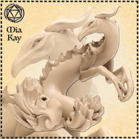 Digital render of the Greater Water Elemental miniature by Mia Kay M3DM, shown unpainted in pale cream resin tone. The sculpt depicts a surging elemental form with a gaping skull-like maw, reaching clawed limbs, and a lower body composed of swirling floral water shapes and churning petals. The pose is dramatic and upward-thrusting, conveying immense elemental force. 32mm scale tabletop miniature.