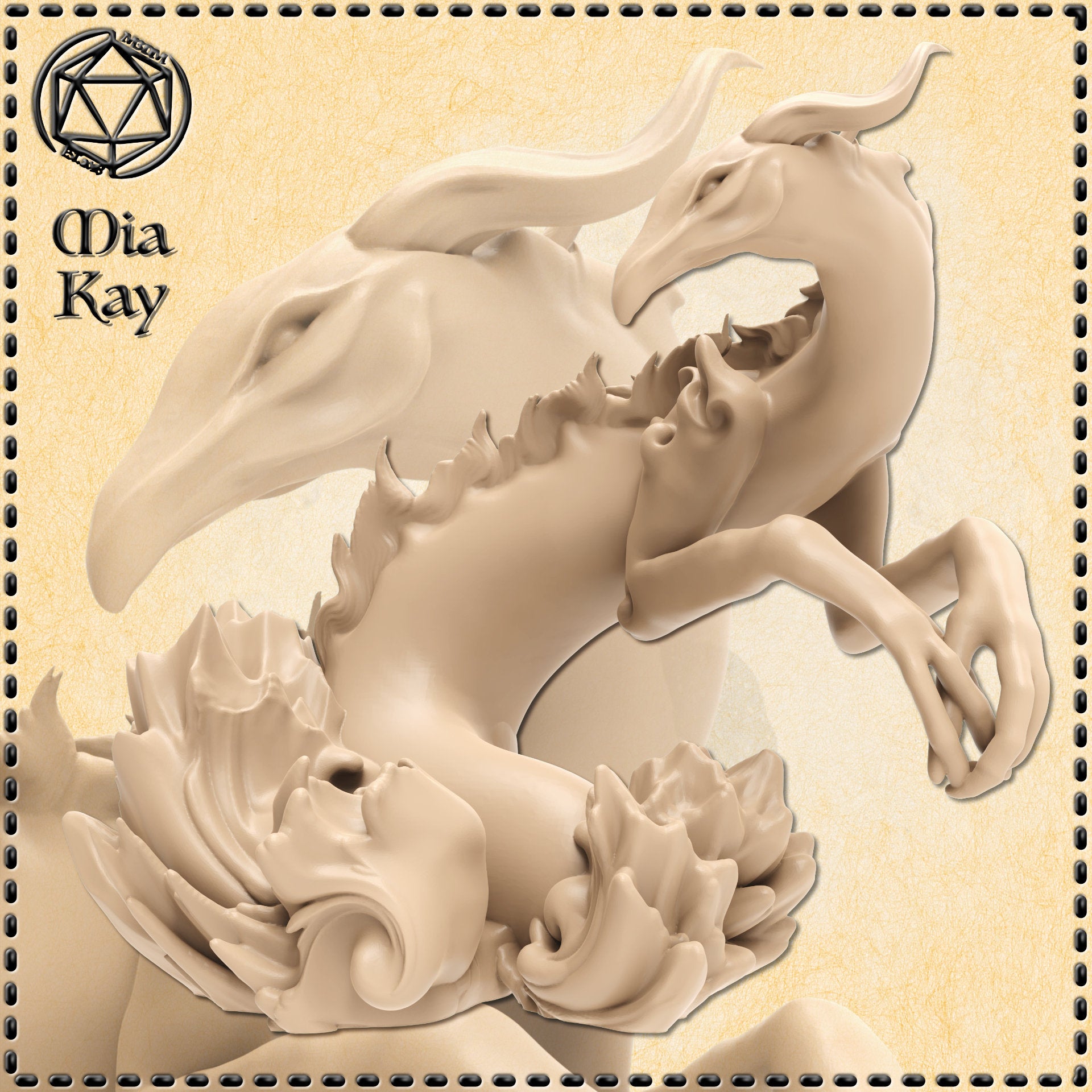 Digital render of the Greater Water Elemental miniature by Mia Kay M3DM, shown unpainted in pale cream resin tone. The sculpt depicts a surging elemental form with a gaping skull-like maw, reaching clawed limbs, and a lower body composed of swirling floral water shapes and churning petals. The pose is dramatic and upward-thrusting, conveying immense elemental force. 32mm scale tabletop miniature.