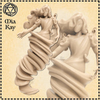 Digital render of two Greater Air Elemental miniature variants by Mia Kay M3DM — both figures show a female-featured upper body with flowing robes and curling hair, the lower half dissolving into a spiralling vortex of wind-swept fabric; unpainted beige resin render at 32mm scale