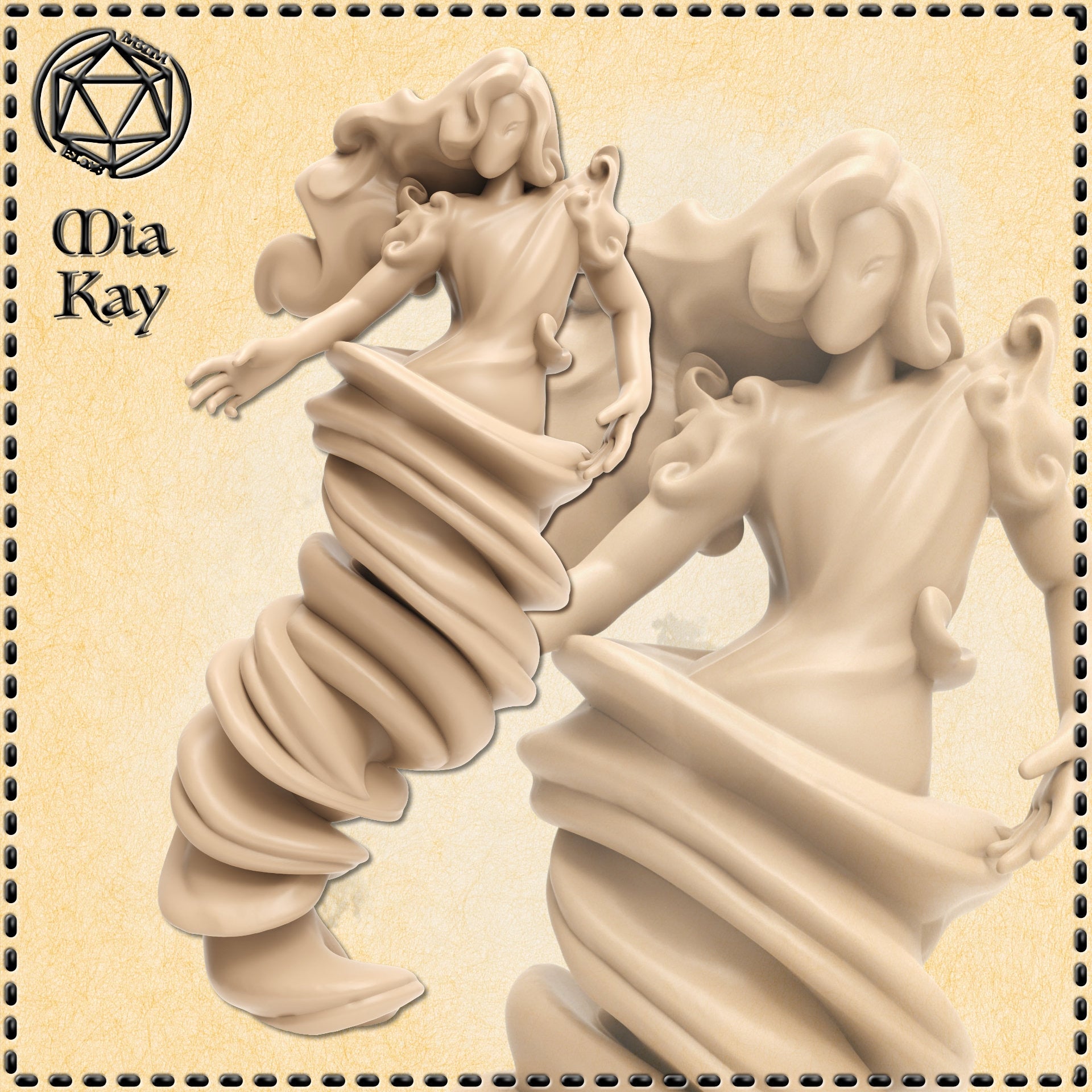 Digital render of two Greater Air Elemental miniature variants by Mia Kay M3DM — both figures show a female-featured upper body with flowing robes and curling hair, the lower half dissolving into a spiralling vortex of wind-swept fabric; unpainted beige resin render at 32mm scale