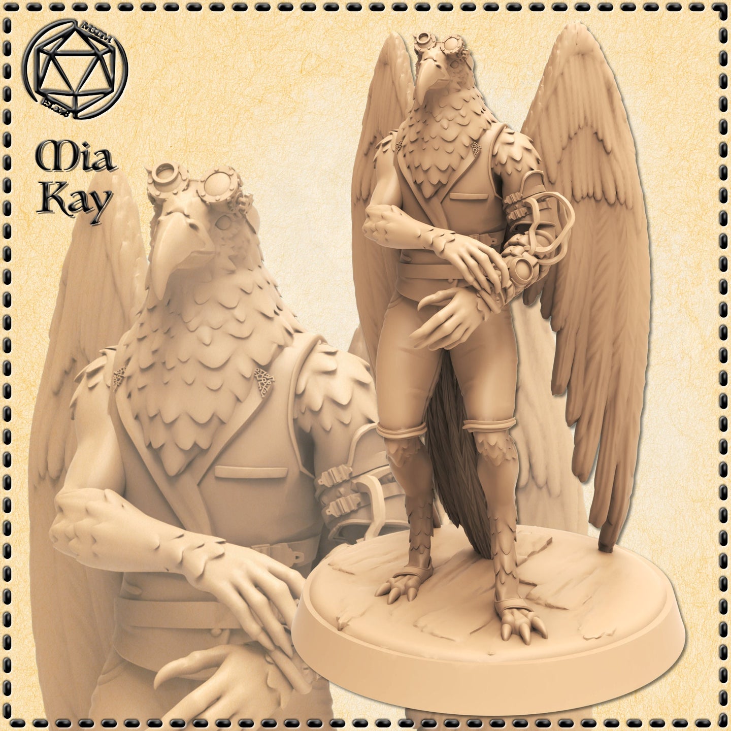 Unpainted resin miniature of an Eaglefolk Artificer by Mia Kay M3DM — a steampunk-styled avian humanoid with broad feathered wings, crossed arms, mechanical gauntlet, and steampunk goggles perched on the head, shown in full body and close-up bust detail, 32mm scale