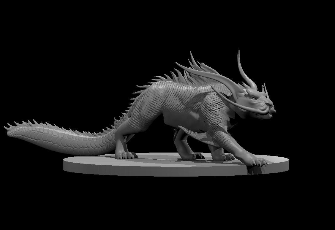 Grey resin digital render of the Mishipeshu miniature — a horned, scaled water panther in a low forward prowl pose with dorsal spines, splayed claws, and a long scaled tail, mounted on an oval base