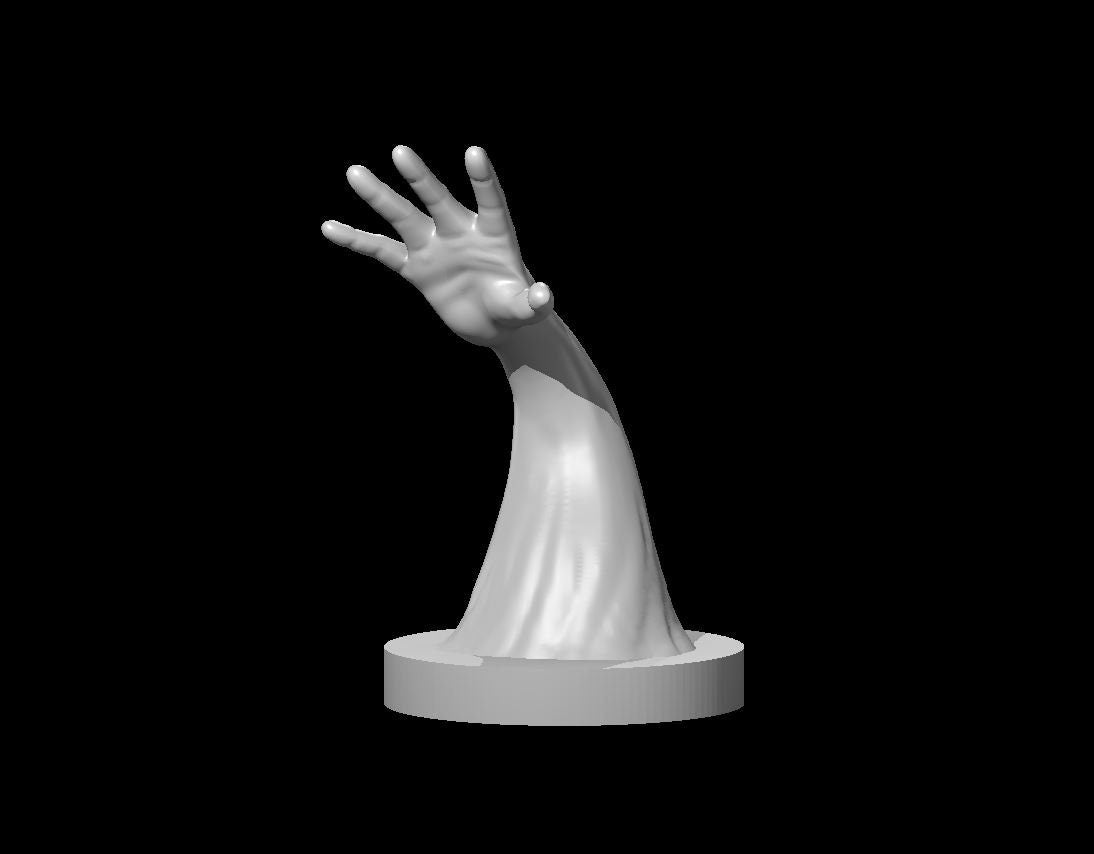 Grey resin digital render of a Mage Hand spell effect miniature — a slender hand with fingers splayed reaches upward from a flowing spectral sleeve with a small bracelet at the wrist, mounted on a round base, unpainted