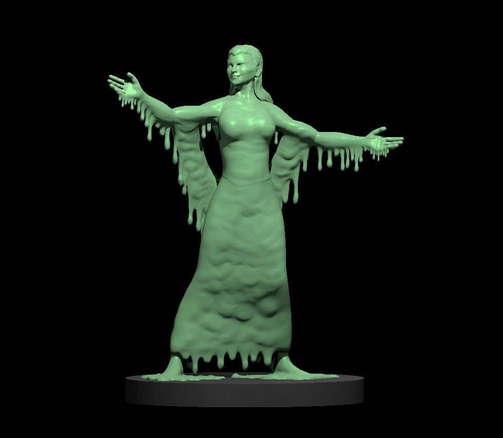 Digital render of the Slime Sorceress miniature at 32mm scale — a female figure with arms outstretched, smiling, wearing a gown that dissolves into dripping ooze tendrils at the sleeves and hem, mounted on a round black base, shown in green resin render