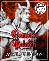 Close-up promotional render of the Demonic Paladin miniature head and upper body — unpainted grey resin showing fine detail on the twin horns, long hair, determined expression, and engraved chest armour. Red 'Demonic Paladin' title text overlaid on a fiery background with the M3DM logo in the top right corner.