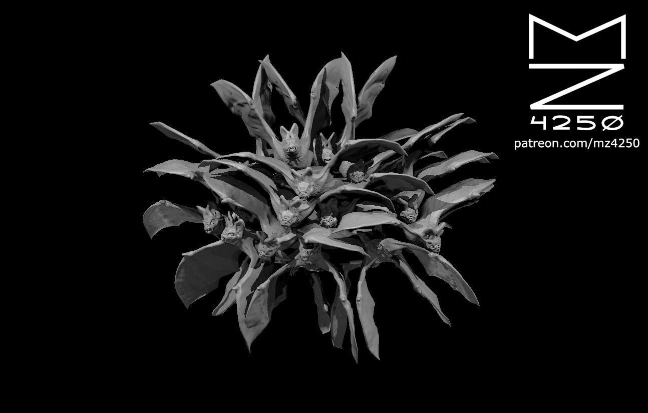 Unpainted grey resin miniature of a Swarm of Bats by MZ4250 — a dense cluster of bat creatures with outstretched wings and open fanged mouths, radiating outward from a central mass, shown against a black background