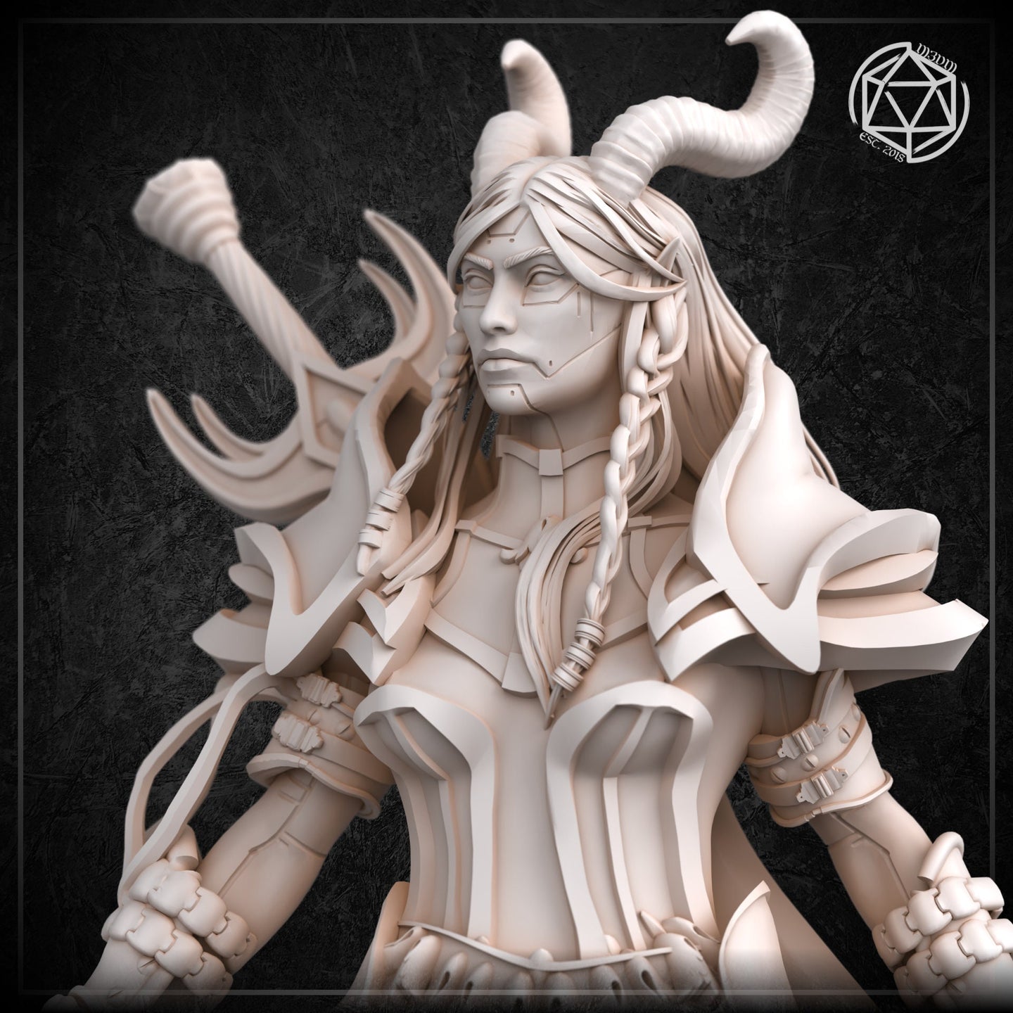Close-up render of the Warforged Demonic Paladin miniature bust, highlighting the intricate facial detail, swept-back horns, braided hair with cord wrappings, structured chest armour, and antlered staff — unpainted white resin finish