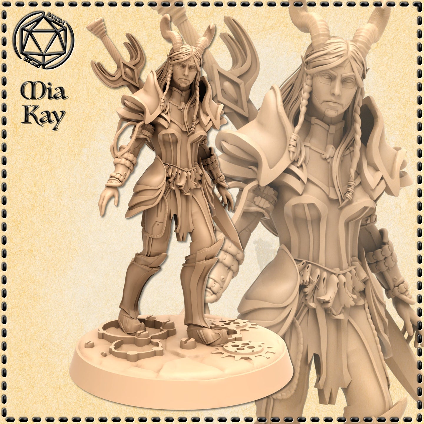 Unpainted cream resin 3D render of the Warforged Demonic Paladin miniature by Mia Kay M3DM, showing a horned female construct in layered armour with bone charms, braided hair, and an antlered staff, standing on a scenic cog and rubble base — front and rear three-quarter views side by side