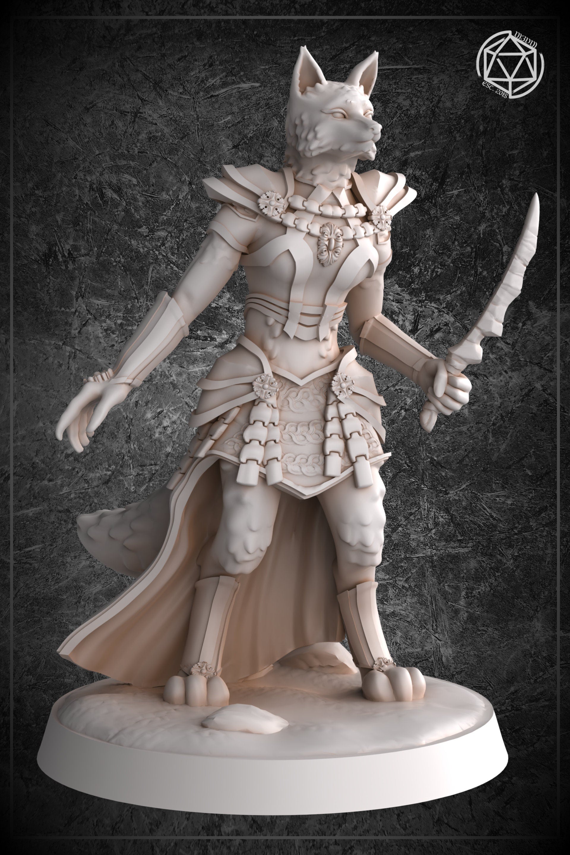 Front three-quarter view of an unpainted grey resin foxfolk female fighter miniature — she stands in a wide combat stance with one hand open and one gripping a dagger, wearing ornate layered armour with knotwork-engraved faulds and a flowing fur-tipped cape, mounted on a round display base