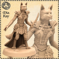 Digital render of an unpainted foxfolk female fighter miniature at 32mm scale, shown from the front with a close-up inset of her chest armour and bead chain detail — she wears layered scale armour with floral embellishments and holds a short blade, with pointed fox ears and a fur-textured muzzle