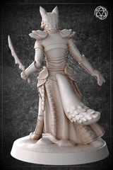 Rear three-quarter view of the same unpainted foxfolk female fighter miniature, showing the back of her layered armour, the full sweep of her fur-tipped cape with detailed scale texture, and her dagger held raised in her right hand