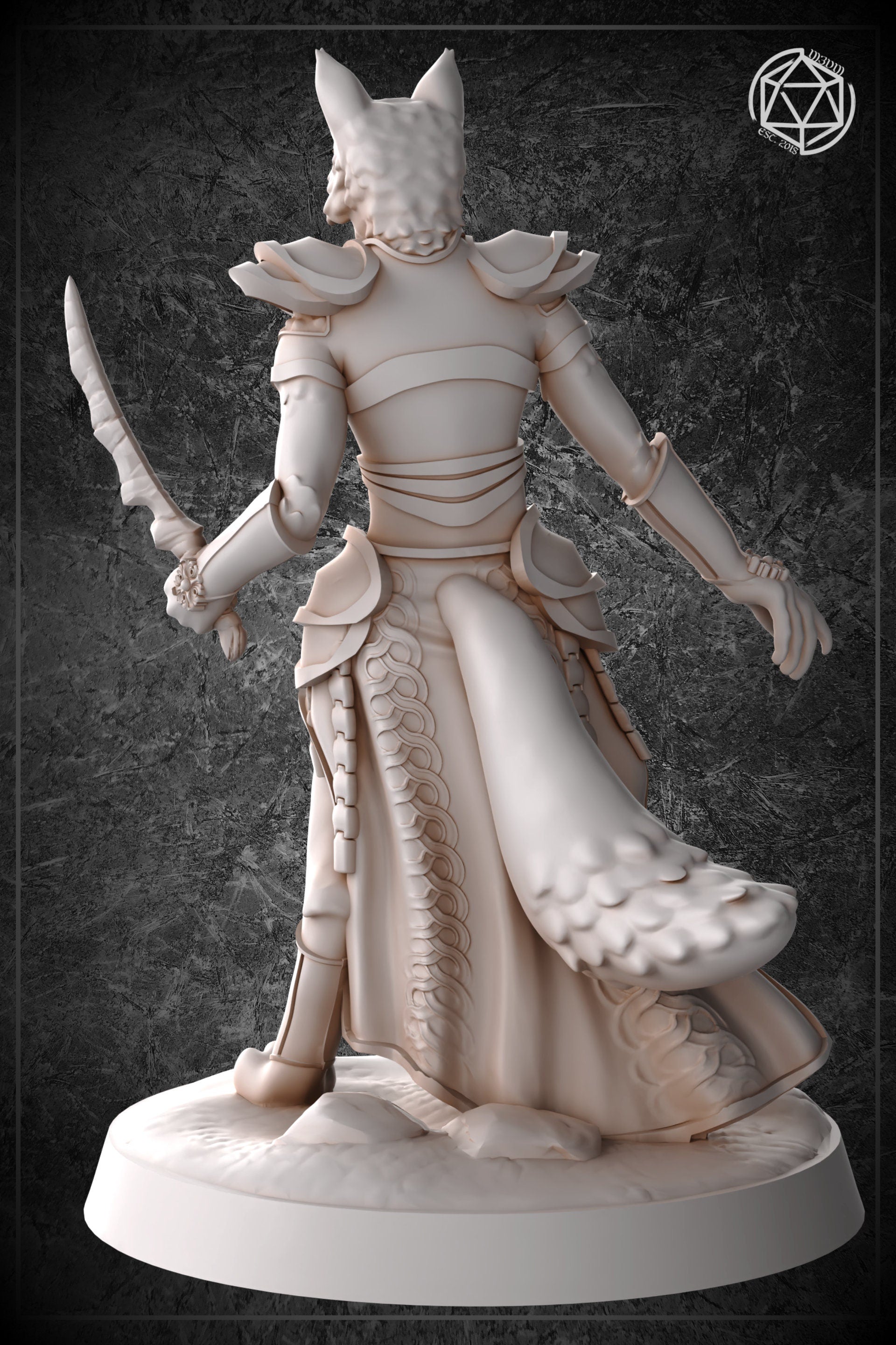 Rear three-quarter view of the same unpainted foxfolk female fighter miniature, showing the back of her layered armour, the full sweep of her fur-tipped cape with detailed scale texture, and her dagger held raised in her right hand