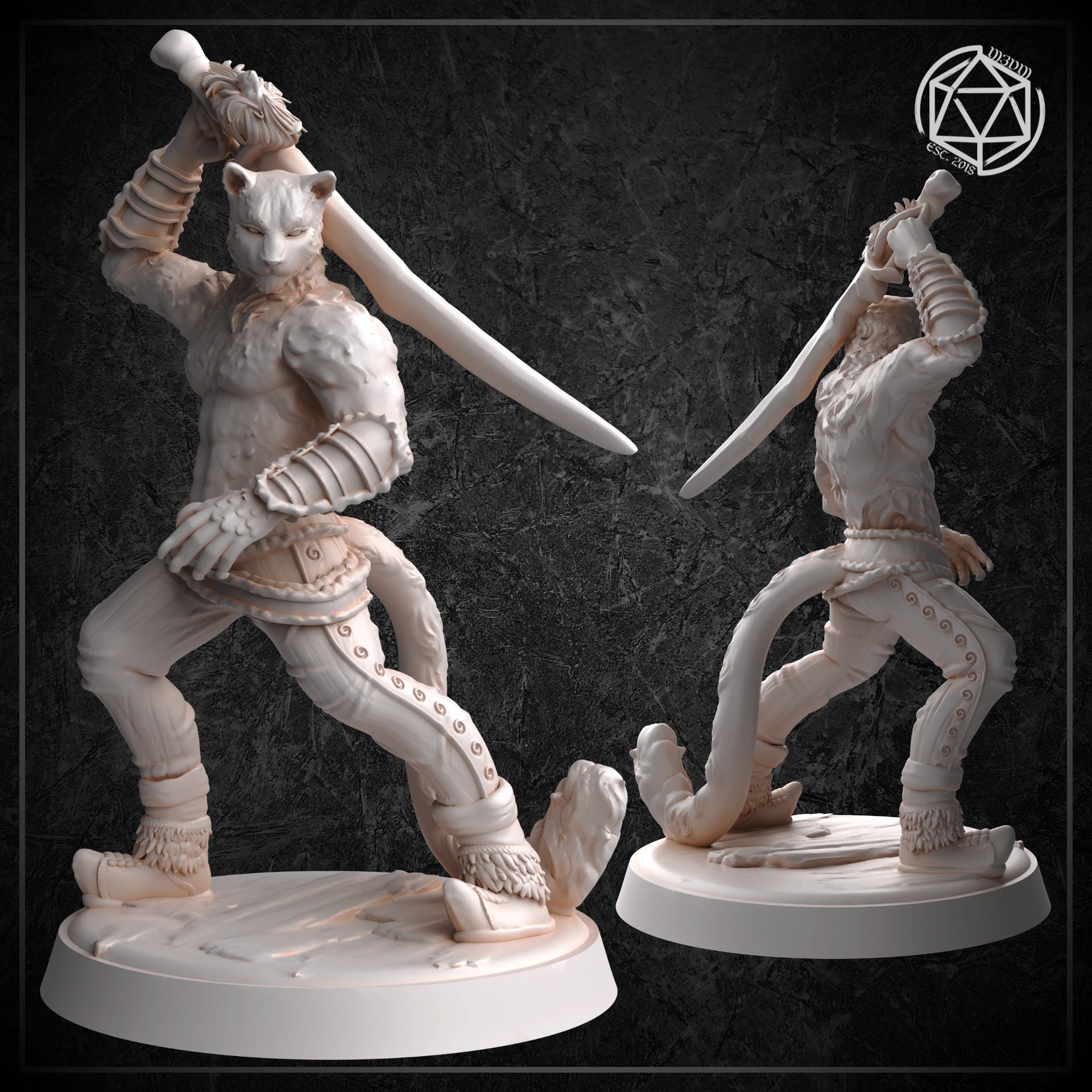 Two angles of an unpainted white resin catfolk swordsman miniature on a plain round base. The front view shows the full overhead sword strike pose with armoured forearms, fur-covered chest, and wide combat stance. The rear three-quarter view highlights the flowing tail, back musculature, and scroll-work trouser detailing. Both prints are finished to a high standard with crisp detail throughout.