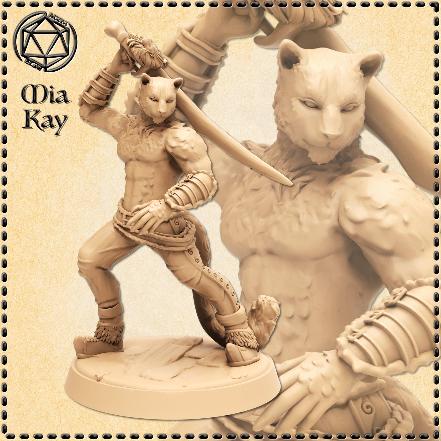 Digital render of an unpainted catfolk swordsman miniature at 32mm scale, posed in a wide combat stance with sword raised overhead for a powerful downward strike. The figure has a feline head with rounded ears and a calm expression, bare muscular chest with visible fur texture, banded forearm armour, scroll-detailed studded trousers, and fur-trimmed boots. A close-up inset shows the face and upper torso detail. Labelled as Mia Kay M3DM.