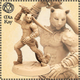 Digital render of an unpainted catfolk swordsman miniature at 32mm scale, posed in a wide combat stance with sword raised overhead for a powerful downward strike. The figure has a feline head with rounded ears and a calm expression, bare muscular chest with visible fur texture, banded forearm armour, scroll-detailed studded trousers, and fur-trimmed boots. A close-up inset shows the face and upper torso detail. Labelled as Mia Kay M3DM.