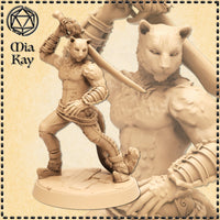 Digital render of an unpainted catfolk swordsman miniature at 32mm scale, posed in a wide combat stance with sword raised overhead for a powerful downward strike. The figure has a feline head with rounded ears and a calm expression, bare muscular chest with visible fur texture, banded forearm armour, scroll-detailed studded trousers, and fur-trimmed boots. A close-up inset shows the face and upper torso detail. Labelled as Mia Kay M3DM.