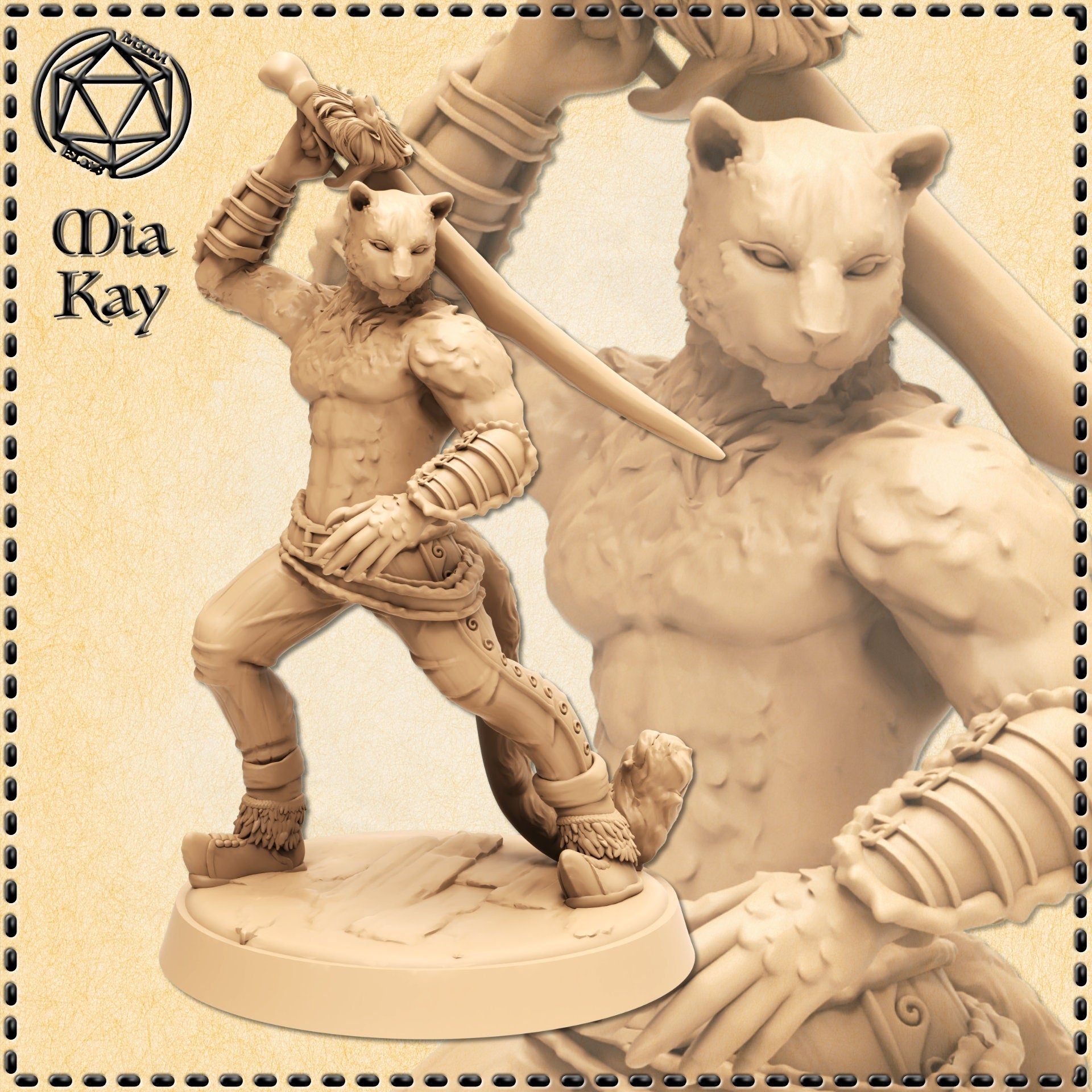 Digital render of an unpainted catfolk swordsman miniature at 32mm scale, posed in a wide combat stance with sword raised overhead for a powerful downward strike. The figure has a feline head with rounded ears and a calm expression, bare muscular chest with visible fur texture, banded forearm armour, scroll-detailed studded trousers, and fur-trimmed boots. A close-up inset shows the face and upper torso detail. Labelled as Mia Kay M3DM.