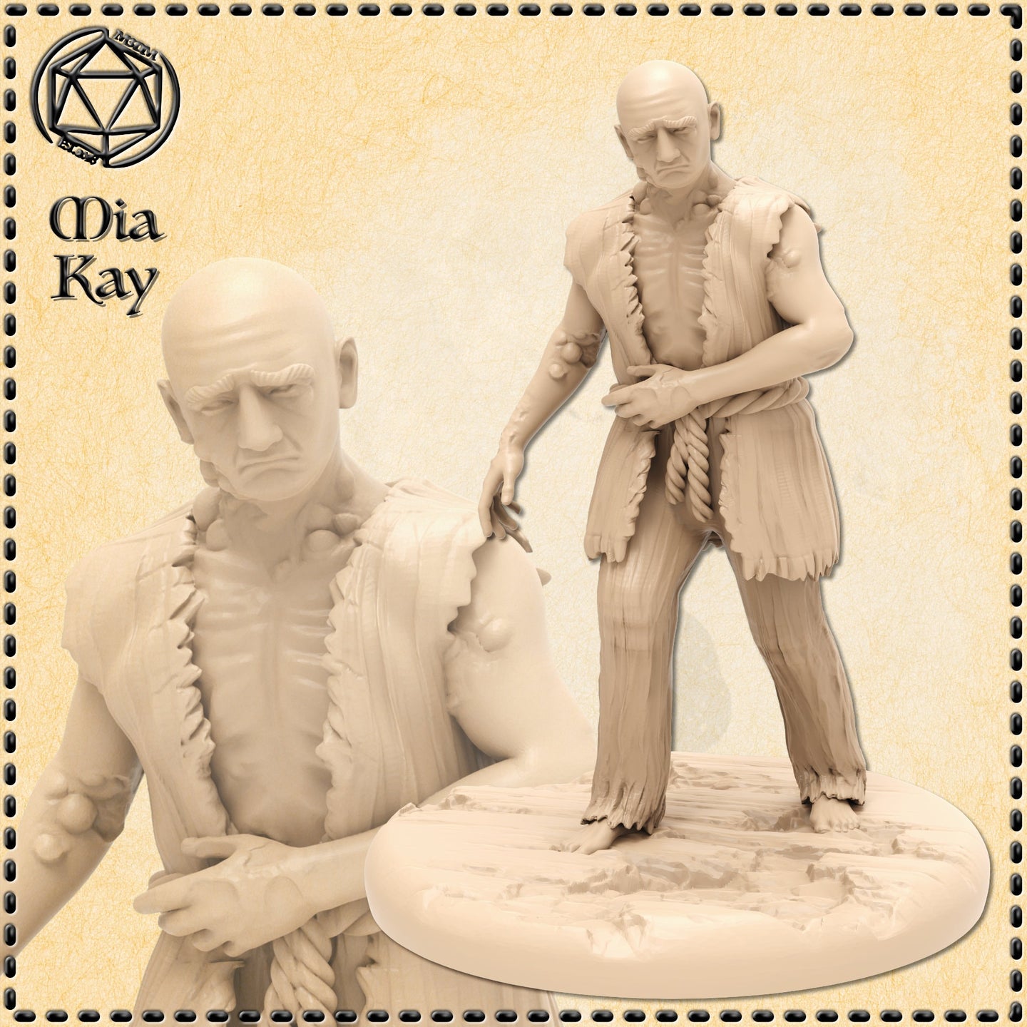 Digital render of an unpainted 32mm plague victim miniature by Mia Kay M3DM — a gaunt bald male figure in tattered clothing, barefoot, gripping a coiled rope, standing in a hunched guarded pose on a textured oval base, shown from two angles with a close-up of his hollow-eyed scowling face