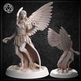 Two views of an unpainted grey resin harpy miniature — a front view on the left showing her winged stance, raised hand, and avian lower body with taloned feet on a scenic base, and a rear three-quarter view on the right showing the full spread of her large feathered wings.