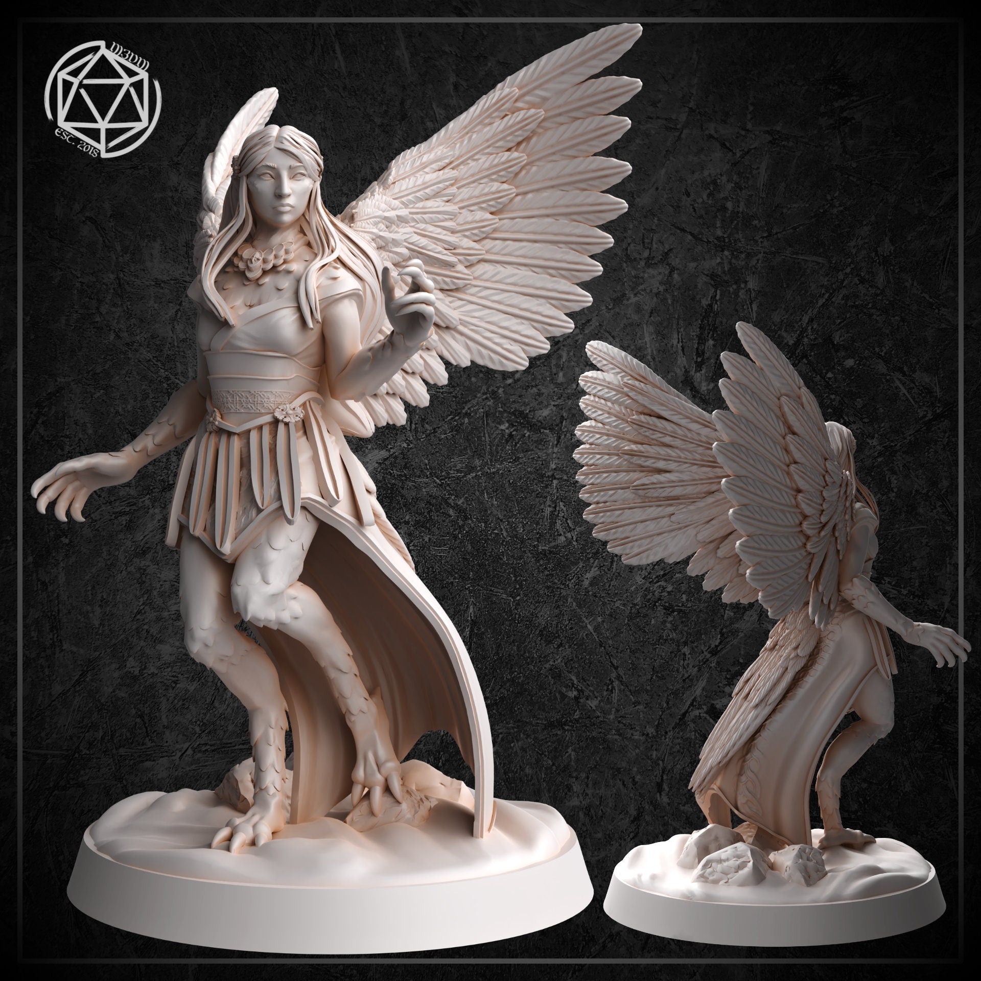 Two views of an unpainted grey resin harpy miniature — a front view on the left showing her winged stance, raised hand, and avian lower body with taloned feet on a scenic base, and a rear three-quarter view on the right showing the full spread of her large feathered wings.